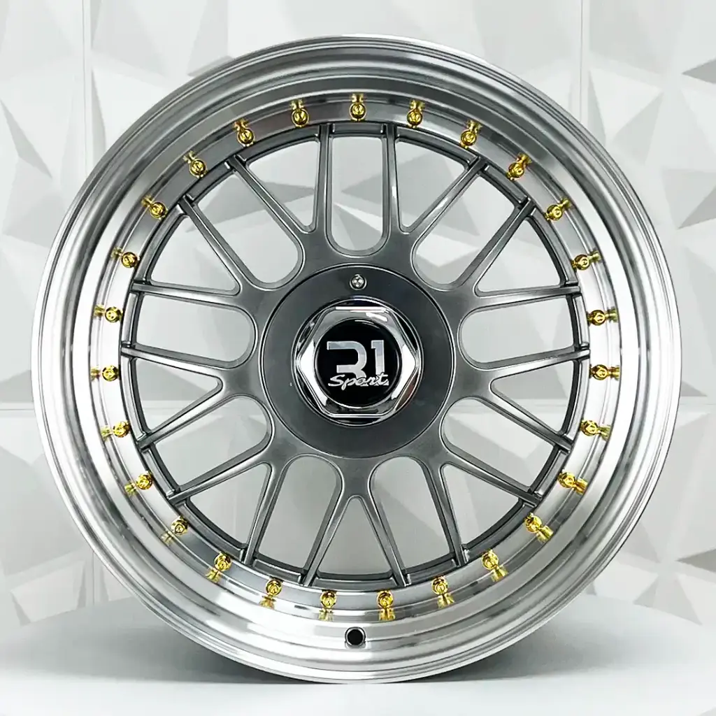 RIN 17X8 4-100/114.3 R1 SPORT 646 HYPER BLACK MACHINE LIP GOLD RIVETS ET30 CB73.